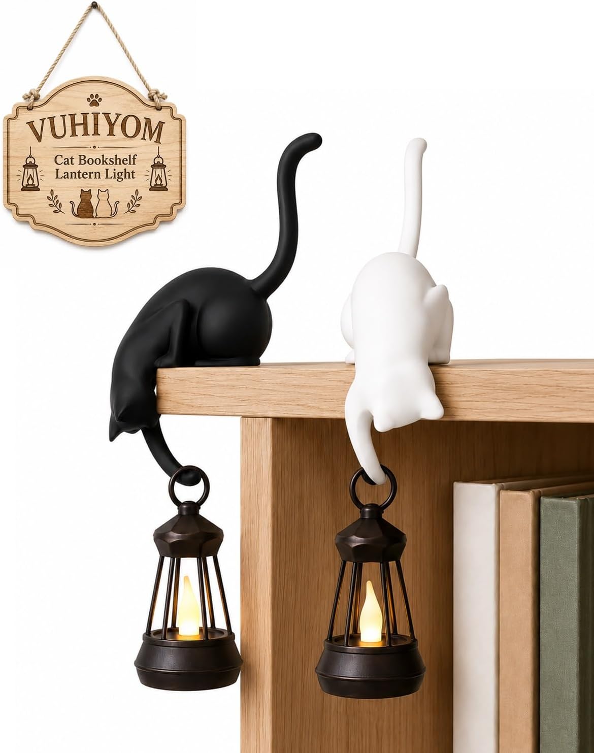 Cat Bookshelf Lantern Light , Hanging Shelf Decore Hook for Edge Display