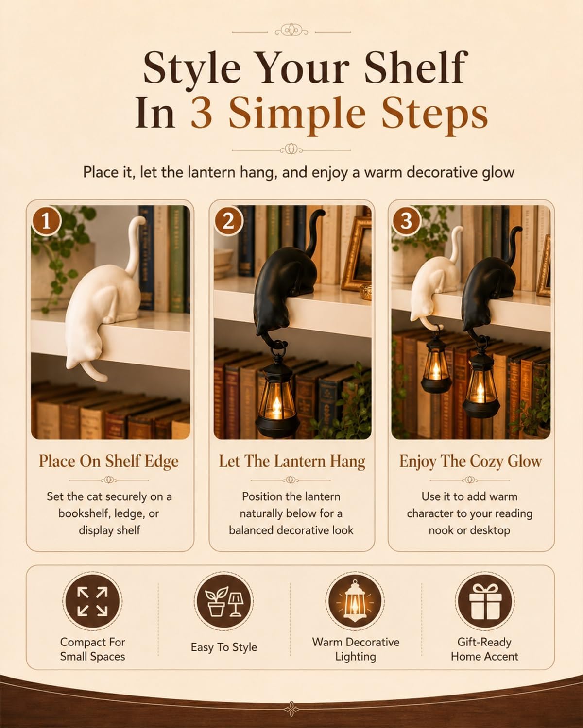 Cat Bookshelf Lantern Light , Hanging Shelf Decore Hook for Edge Display