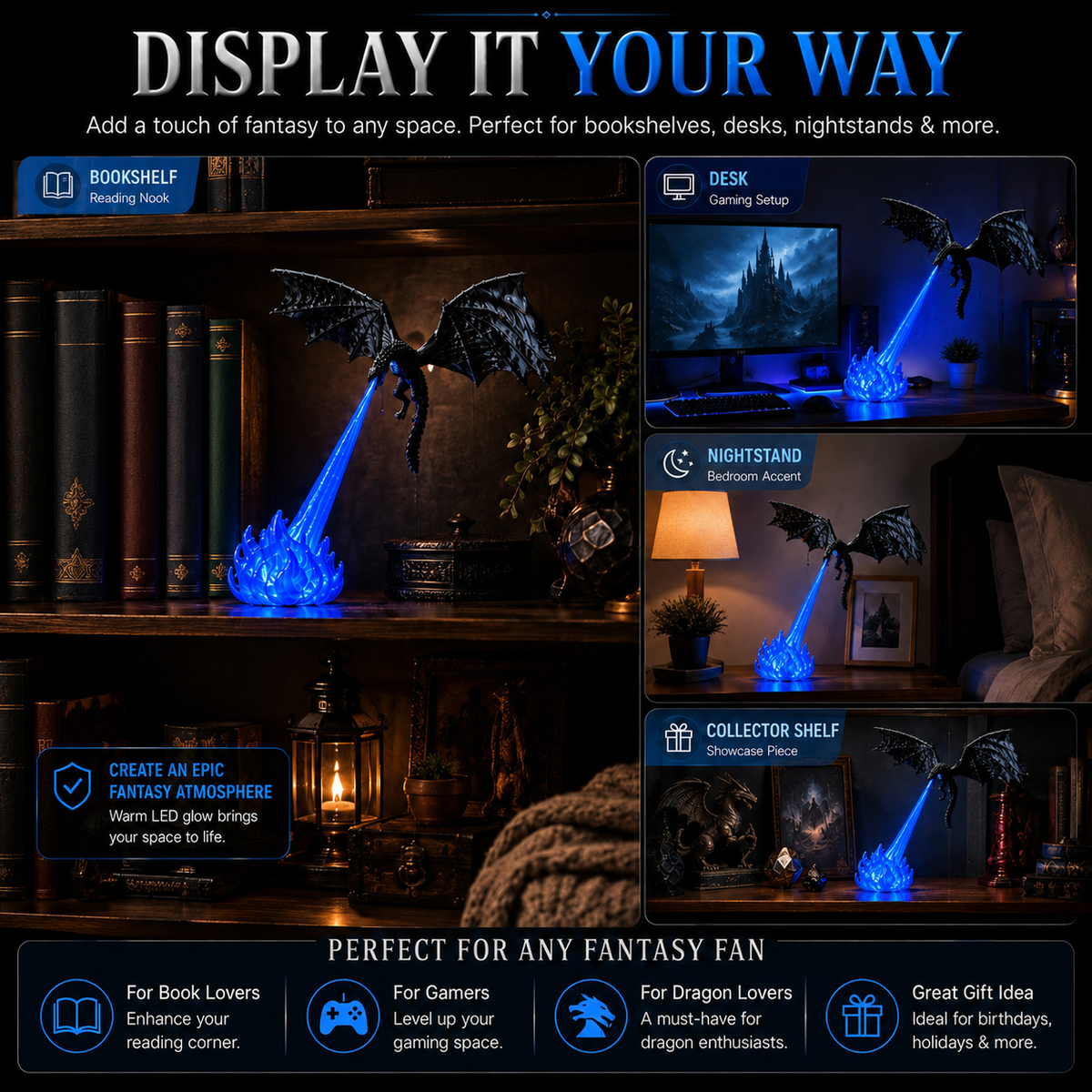 🐉3D Fire-Breathing Dragon LED Display – Fantasy Bookshelf Decor with Glowing Flame