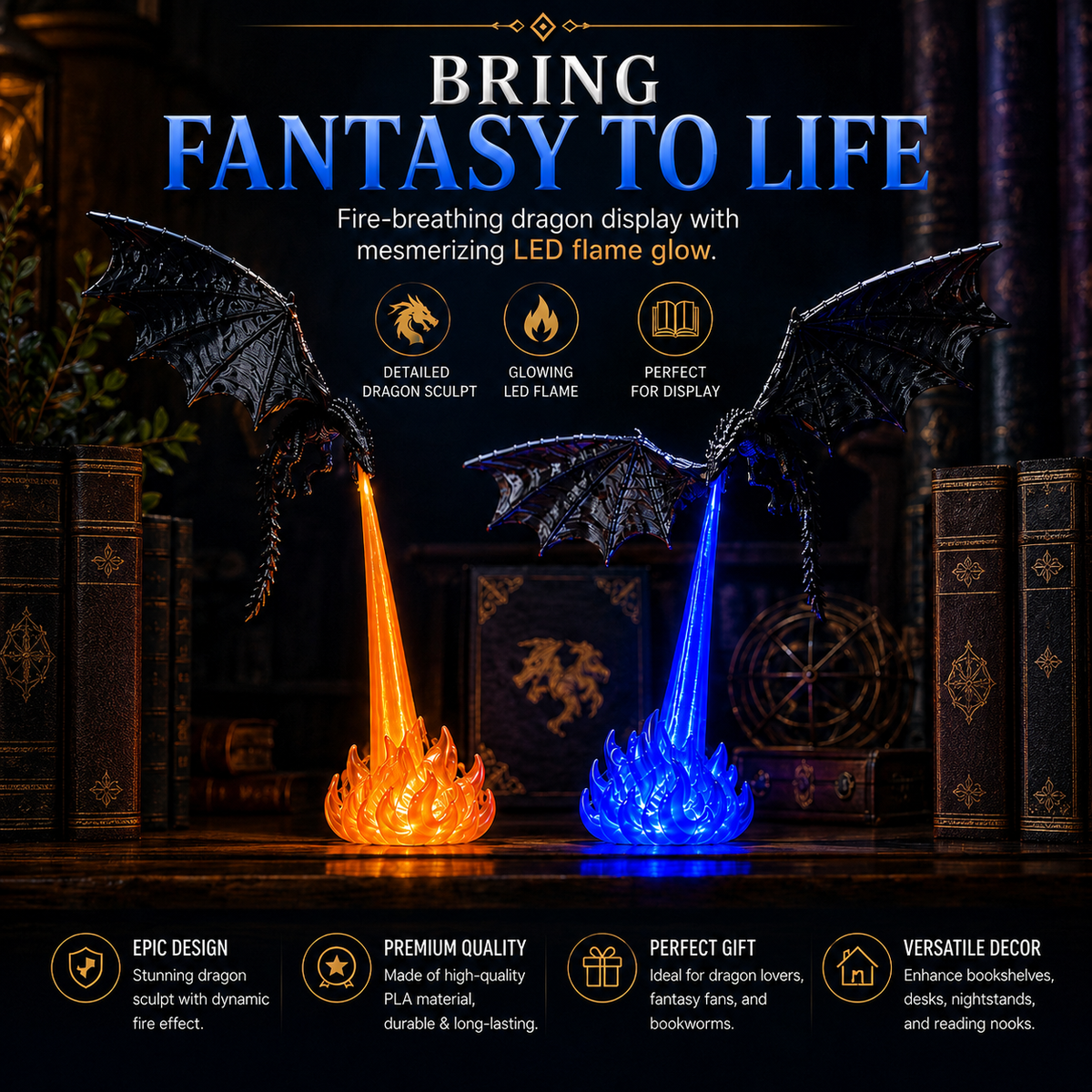 🐉3D Fire-Breathing Dragon LED Display – Fantasy Bookshelf Decor with Glowing Flame