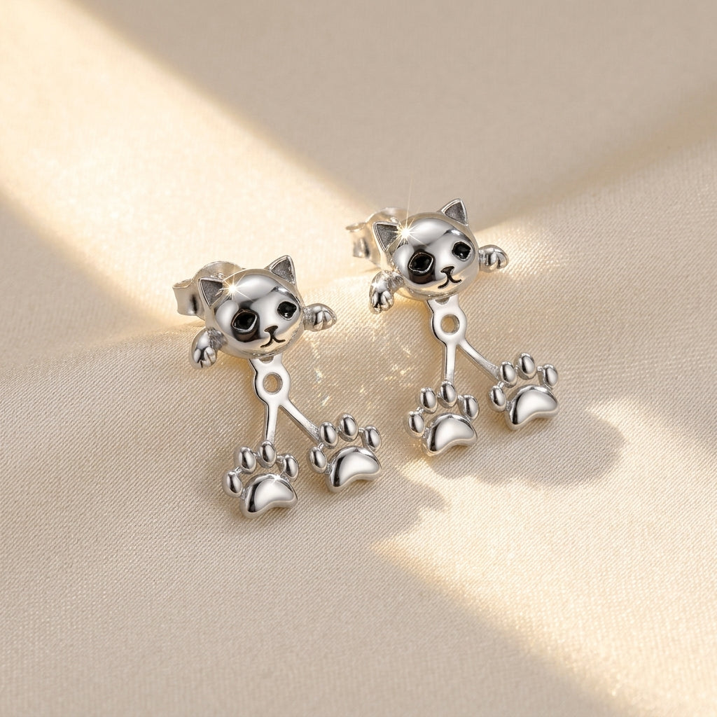 Cute Cat Paw Stud Earrings – Silver Kitten Climber Earrings