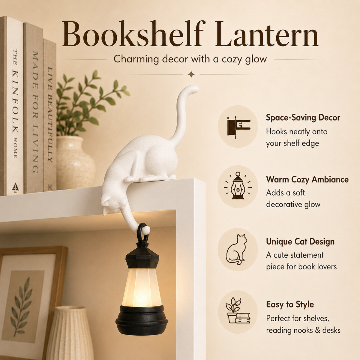 Cat Bookshelf Lantern Light , Hanging Shelf Decore Hook for Edge Display