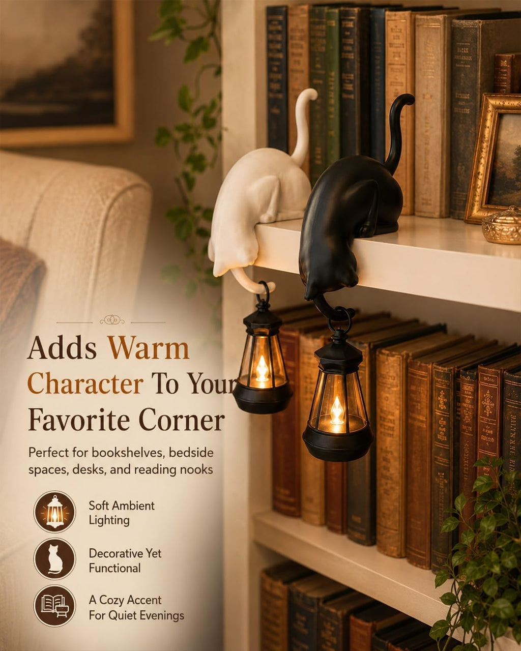 Cat Bookshelf Lantern Light , Hanging Shelf Decore Hook for Edge Display
